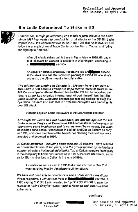 Presidential Daily Briefing, 6 August 2001 - page 1